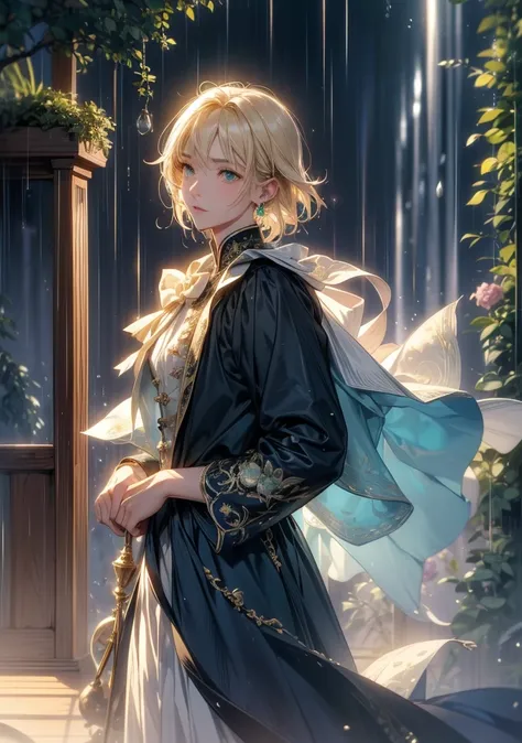  top quality。 detailed depiction of up to the front door。Old Castle Greenhouse 。 Handsome and Cool Adult Man 、(( one adult man))。 short hair、((male short hair)), (( Light Blonde ))。 cool and impressive appearance 。((green eyes like a forest))。Sharp impress...