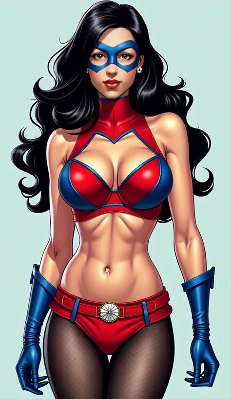 " A comic superhero wearing a red and blue outfit .  Her top is shaped like a sports bikini , with well-defined cups ,  large pronounced 'V' neckline.  It presents a segmented design with a central red hexagonal pattern and blue side edges,  short gloves a...