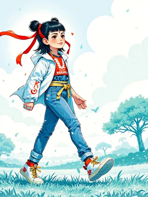 Aobing, Nezha, looking up, rain, heavy rain, wet clothes, sketch, draw, bold line art, line art, walking, sneaker, from side, grass fields, tree, cloud, sky, (best quality,ultra detailed)