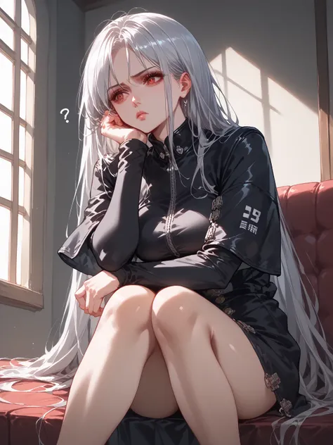 (Confused, High resolution, Very detailed), 1 female, Silver Hair,Long Hair,Red Eyes,black pilot jacket,24th generation,beauty,mature,thin,quiet,Calm,Looks sad,Sit with your knees hugged