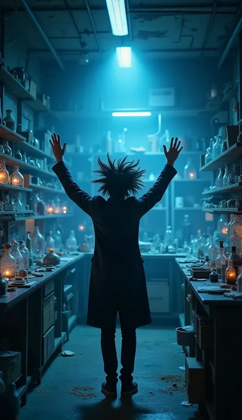 A dimly lit secret laboratory, illuminated only by a faint blue glow emanating from beakers and test tubes, with a mad scientist standing triumphantly in front of a cluttered workbench. The scientist's wild hair sticks out in every direction, as they proud...