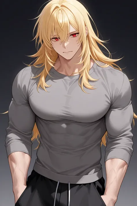 Draw a vampire man with long blond hair, light skin and red eyes, beautiful and semi-muscular body, wearing black pants and a gray sweatshirt.