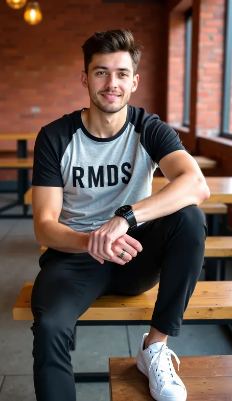 A handsome young man ,tall body ,athletic,, posing casually indoors against a backdrop of red brick walls.  He is wearing a modern gray and black T-shirt inscribed with his name "RMDS" In front of his clothes ,the inscription is made of embroidery  ,  blac...