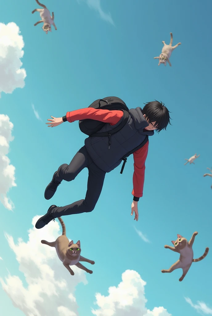 A boy falling from the sky wearing a black sleeveless puffer jacket, red long sleeved shirt, black pants,  black shoes a black backpack also falling and a cat falling