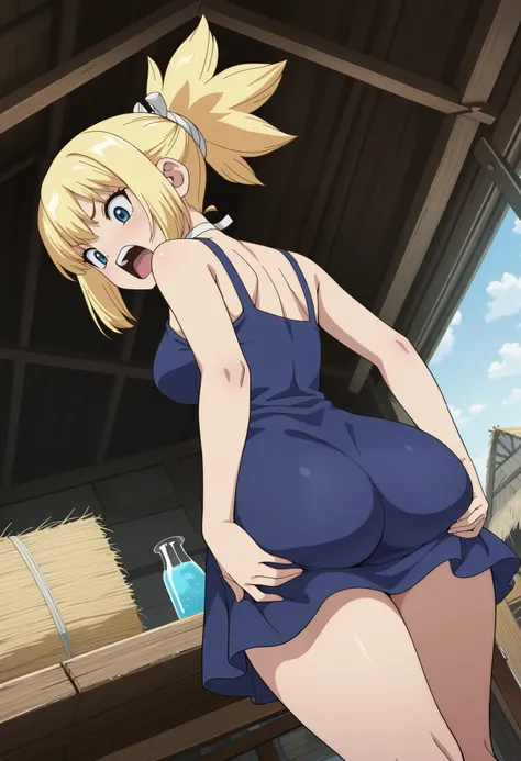 masterpiece, best quality, highres, newest, 1girl, solo, official style, anime screncap, kohaku, blonde hair, blue eyes, white choker, blue sleeveless dress, ponytail, dutch angle, ((eyes wide opened)), standing, glasswear, lab, hut, thighs, ((from below))...