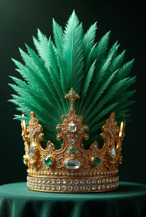 Create a crown for a Powerful and Adventurous King, Let it be the combination of a gold-colored European crown with large diamonds and the head of Quetzalcoatl with emerald green feathers 