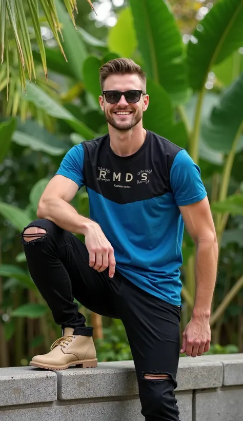 A handsome young man  , athletic body,tall, with short hair , neat,  and the modern style is sitting relaxed in a lush green garden area . The man was wearing a short-sleeved black and blue T-shirt, write the name  "RMDS"  in front of  ,the writing is made...