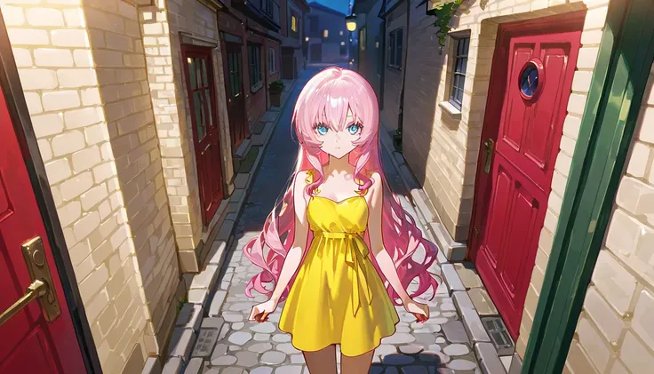 A woman in a yellow dress stands in front of a mysterious red door in a cobblestone alleyway, with very long pink hair, blue eyes, and looking at the viewer.