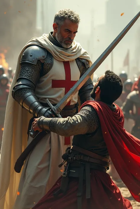 Templar cutting through a Muslim man with his sword