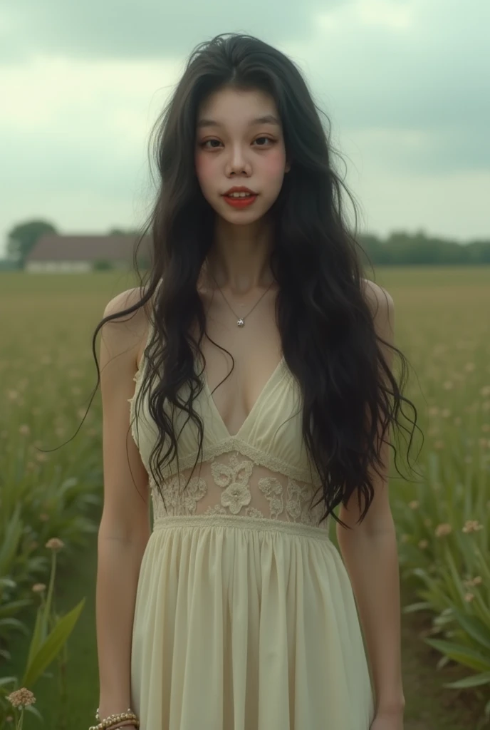 Photo realistic, cinematic light, Pretty Girl, cottagecore, pale white skin, wearing old dress , very long black hair, hair length reached waist, standing at field, half body shot, counldy atmosphere 