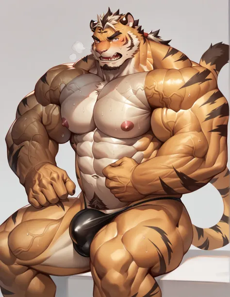 (kemono, bara), solo, anthro male tiger, (golden body), sitting, posing, thong, big bulge, sweat drops, very huge muscles, very large muscles, veiny skin masterpiece, high quality, absurd res, digital painting \(artwork\), tail, penis outline, translucent ...