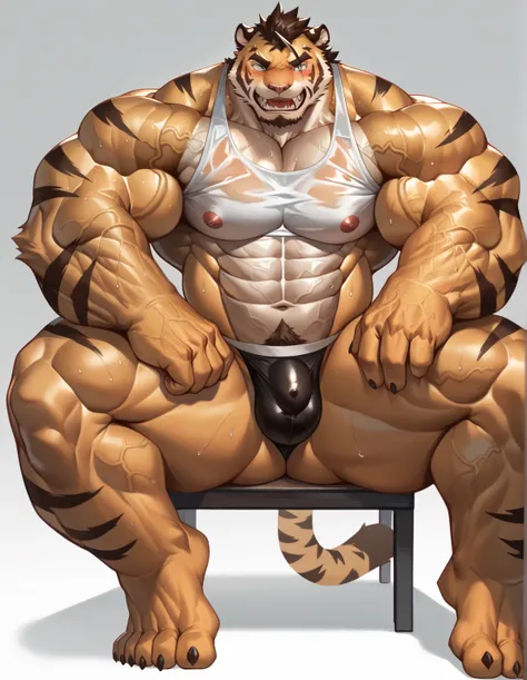 (kemono, bara), solo, anthro male tiger, (golden body), sitting, posing, thong, big bulge, sweat drops, very huge muscles, very large muscles, veiny skin masterpiece, high quality, absurd res, digital painting \(artwork\), tail, penis outline, translucent ...