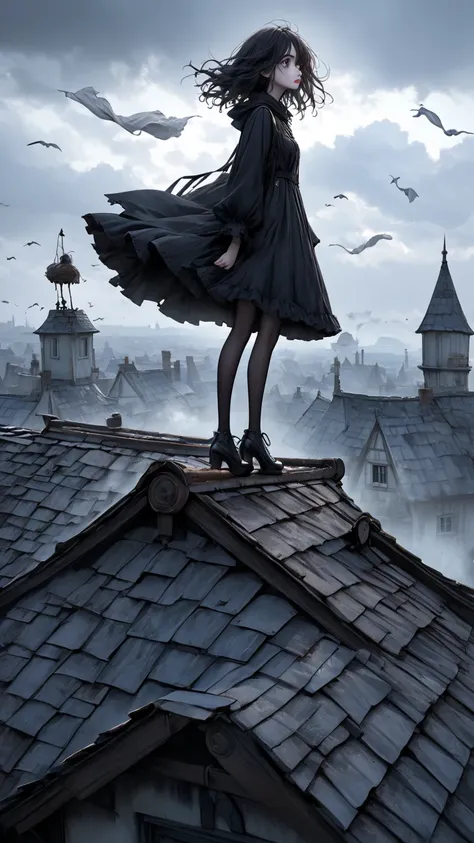  Tim Burton Style、 girl、 Very Realistic  、The wind is blowing、Standing on the roof 、