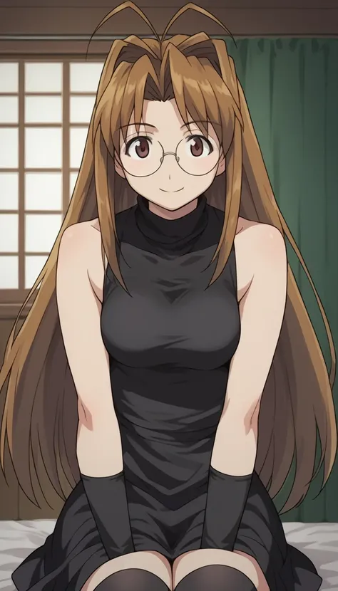 narunarusegawa, naru narusegawa, long hair, brown hair, antenna hair, brown eyes,
gothic girl outfit, black stockings, black skirt, sleeveless, black miniskirt, turtleneck, sleeveless turtleneck, round glasses
indoors,
looking at viewer, smiling, centered ...