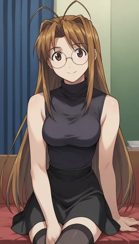 narunarusegawa, naru narusegawa, long hair, brown hair, antenna hair, brown eyes,
gothic girl outfit, black stockings, black skirt, sleeveless, black miniskirt, turtleneck, sleeveless turtleneck, round glasses
indoors,
looking at viewer, smiling, centered ...