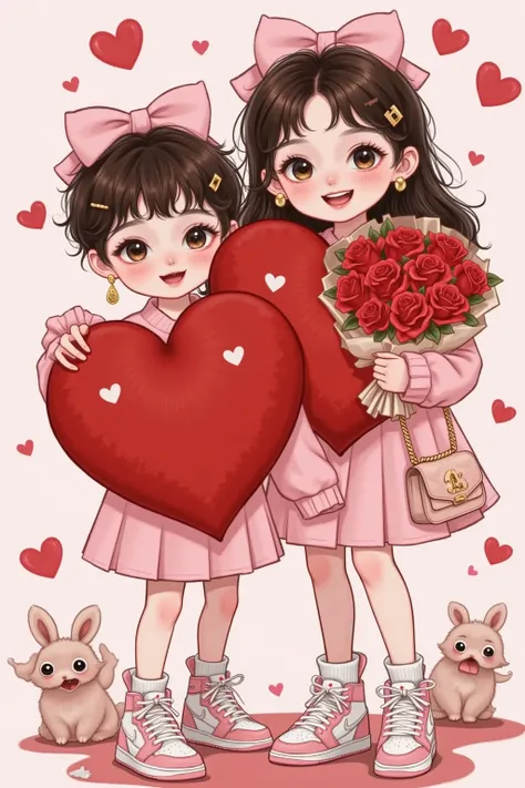 Valentine’s Day hearts, Two anthropomorphic hearts depicted in a playful and romantic scene. The first heart has a stylish haircut, legs, and is wearing retro all-red 19 Jordans, exuding charm and confidence. It is holding hands with a second heart, which ...