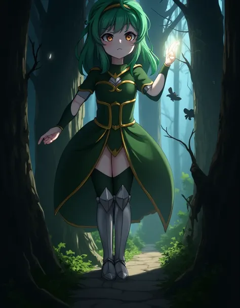 anime girl, dark forest, holding a flashlight, nighttime