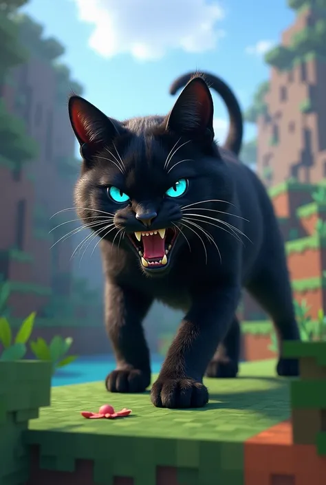 Angry cat colored black blue eyes playing Minecraft 