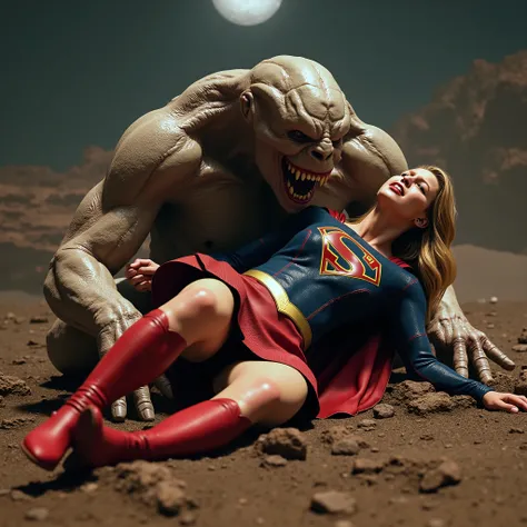 Supergirl is fighting with a huge alien monster, very bright white skin, can see whole body, She is wearing a thin black pantyhose, short red leather fabric skirt, red knee height long boots, blonde hair, She is screaming in pain, seriously injured, painfu...