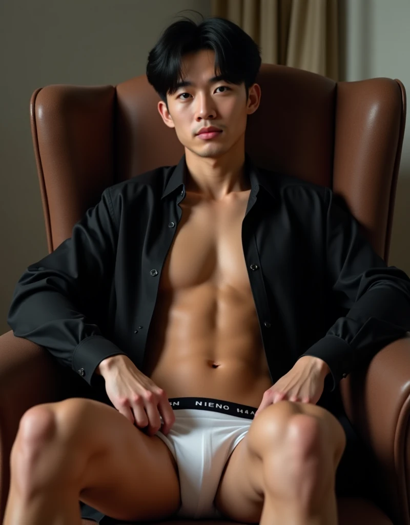 Handsome Oriental Man, beautiful, high,  slightly muscular , olhos pretos puxados em high detalhe. He has thick thighs with defined muscles,  straight black hair slightly messy with locks falling on his forehead ,  wearing tight white underwear and black d...