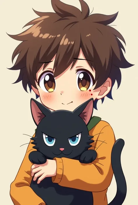 Create an anime-style boy with two polka dots next to the left eye of a brunette tea who is holding a black cat with blue eyes 