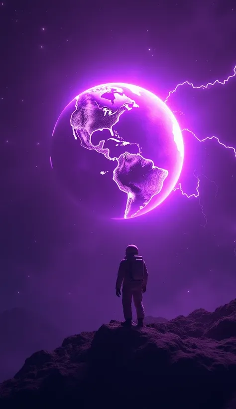 A hyper-realistic Earth, but COMPLETELY PURPLE—glowing in a way that looks totally unnatural and alien.

✅ A shocked astronaut (or scientist) floating in space, looking at the purple Earth in disbelief.

✅ Lightning or energy waves around the Earth, making...