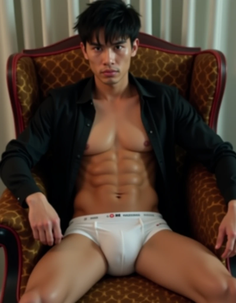 Handsome Oriental Man, beautiful, high,  slightly muscular , olhos pretos puxados em high detalhe. He has thick thighs with defined muscles,  straight black hair slightly messy with locks falling on his forehead , wearing tight white underwear and black dr...