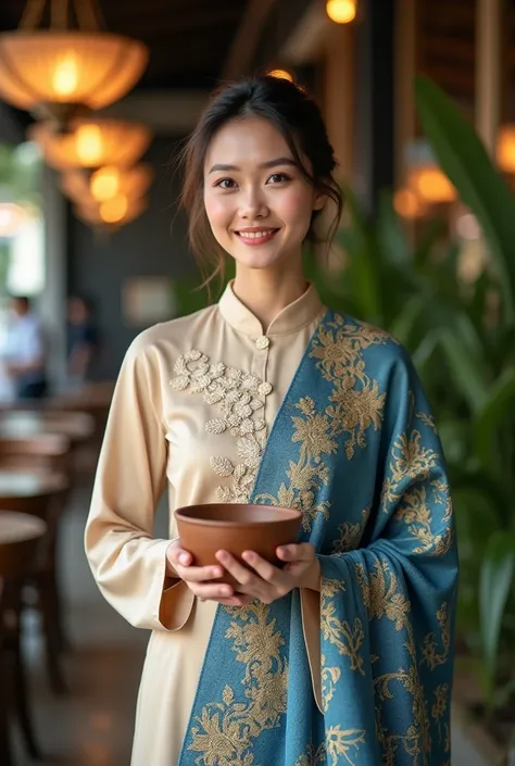 " A graceful young woman smiles warmly ,  dressed in a traditional beige kebaya with a beautiful lace motif as well as an inlay blue and gold batik fabric.  She holds a traditional bowl with caution .  The background atmosphere features a modern cafe or ma...