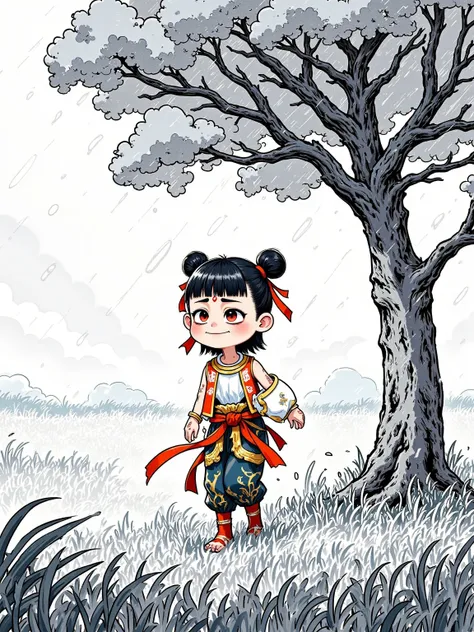 Aobing, Nezha, looking up, rain, heavy rain, wet clothes, sketch, draw, bold line art, line art, walking, sneaker, from side, grass fields, tree, cloud, sky, (best quality,ultra detailed)