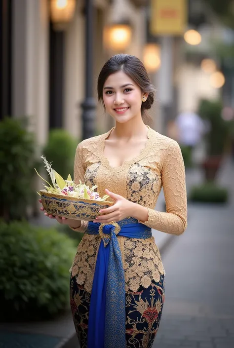 " A graceful young woman smiles warmly ,  dressed in a traditional beige kebaya with a beautiful lace motif as well as an inlay blue and gold batik fabric.  She holds a traditional bowl with caution .  The background atmosphere features a modern cafe or ma...