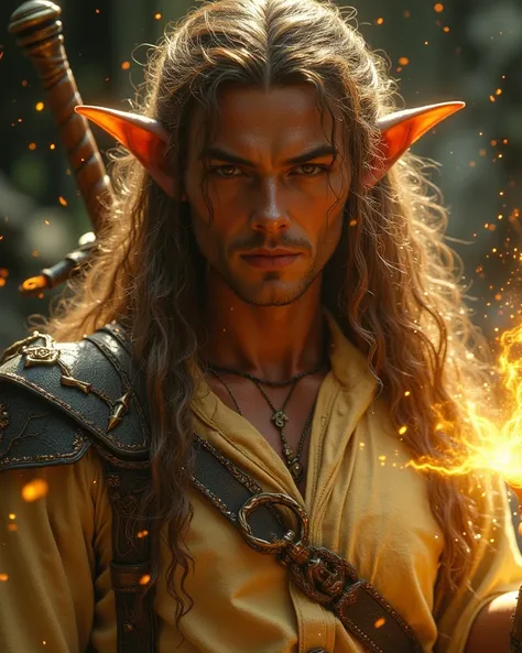 Elven male, warrior, incredibly beautiful male, well-muscled yet lithe, broad shoulders, tall, black onix eyes, bronze skin, slightly pointed ears, and sharpened canines, long curly golden hair, no facial hair, beautiful face, sarcastic, witty, and arrogan...