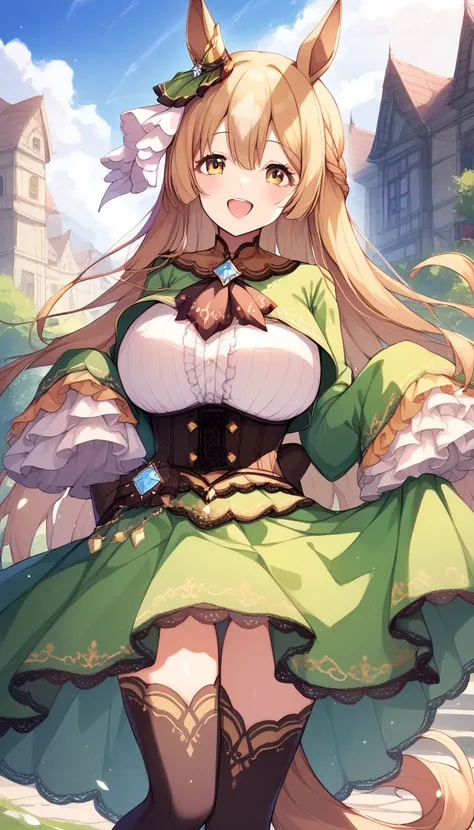 score_9, score_8_up, score_7_up, source_anime, solo, 1girl, huge breasts:1.6, satonodef, happy, looking at viewer, half updo, braid, animal ears, ear ornament, frills, green dress, green jacket, white shirt, black ascot, sleeves past fingers, frilled sleev...