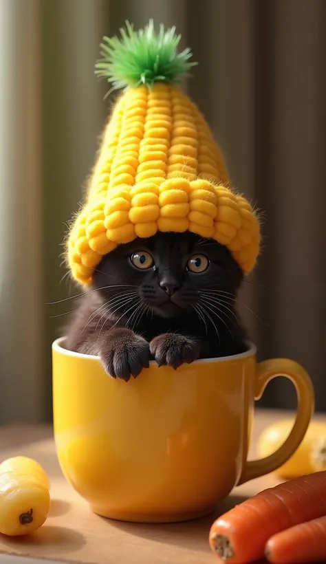  in the room　 a yellow hat with a squishy corn feel　The top of the hat is green bushy 　Black kitten wearing 、Looking at me from inside a cup of soup 、 the cat's neck and shoulders are visible 　There is warmth of carrots 、There are a lot of potatoes rolling...