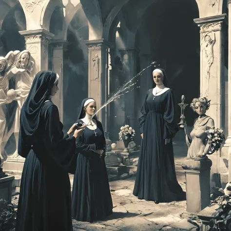 a pair of women in black robes standing next to a vase, mebius and aeon flux, strong line art, floating twin nuns, left and vlop, inspired by uno aquirax, occultist, ritual, blended style of eternal flow, eerie graveyard made of, aeon flux mixed style, pou...