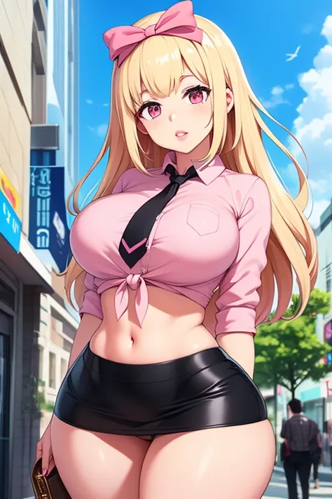   blond hair left and right,  pink eye, Big Lips,   wearing pink lip gloss ,  long hair, Big Breasts,   collared shirt , Tie top, midriff,  shoulder out,  hourglass shape, ( thin waist),  thighs,  Street View , Firm stomach,  standing near a shop,  cloudy ...