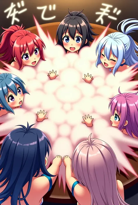 An anime-style illustration depicting many wrestler-girls playfully wrestling with each other inside a bar comical fight cloud.
each wrestler-girl has different colored hair.
their faces,hands,and feet are visible emerging from the cloud as they tussle hum...