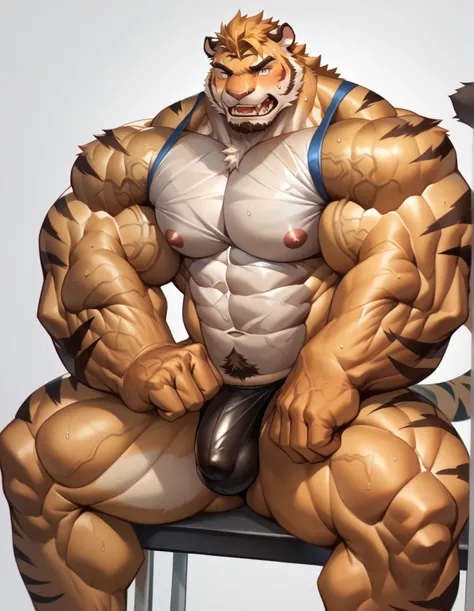 (kemono, bara), solo, anthro male tiger, (golden body), sitting, posing, thong, big bulge, sweat drops, very huge muscles, very large muscles, veiny skin masterpiece, high quality, absurd res, digital painting \(artwork\), tail, penis outline, translucent ...