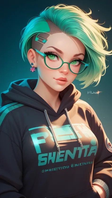 "A cybernetic fembot athlete nerd gamer girl,with mint hair featuring Hufflepuff yellow trims, brown as a third color,styled in  long straight cut with futuristic highlights. She has glowing brown or neon green eyes behind stylish glasses and wears a fitte...