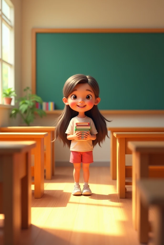 A sunlit classroom with wooden desks and long benches. A young girl with long hair and a gentle smile stands in front of the blackboard, holding a stack of books. 3d cartoon