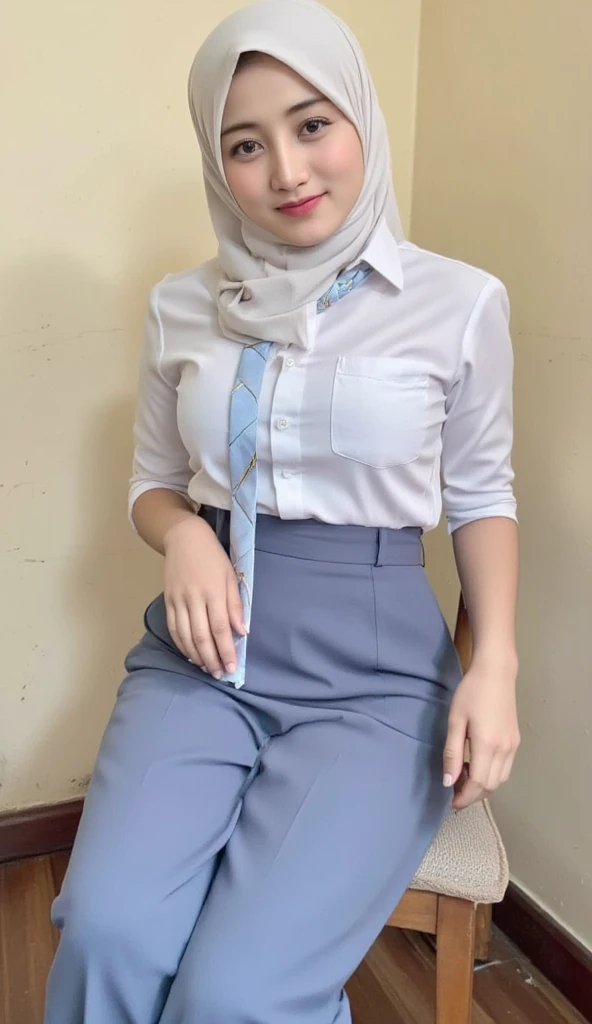 a housewife, sitting in a front-facing chair , wearing white indonesian school uniform with pocket on left chest, use a long skirt to the toe pleated model of light blue color, using a long hijab of white color , wearing a light blue tie,  the breasts are ...