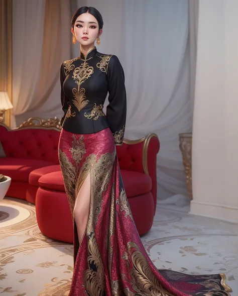 araffe woman in a long dress standing in a living room, wearing an ornate outfit, wearing an elegant tribal outfit, modern maximalist fashion dress, jia, ao dai, cheongsam, long luxurious intricate gown, intricate intense elegant, black and red silk clothi...