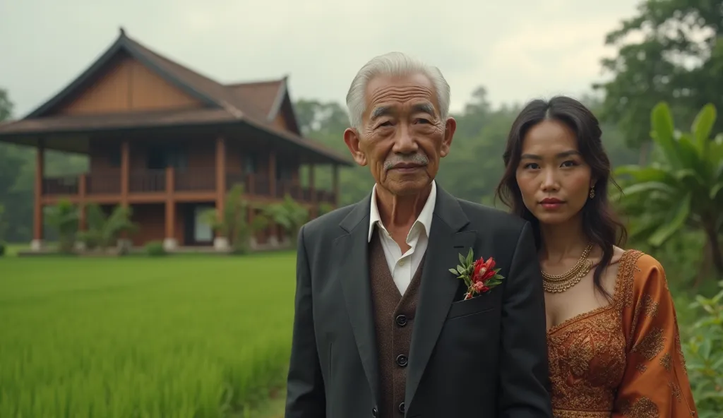 45-year-old Haji Nanang , wearing expensive branded clothes ,  and being in the company of a cute 25 year old girl,  with Indonesian face . background of a country house. ( Indonesian face ) rural.