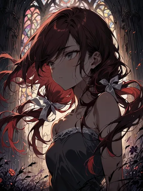  (Masterpiece, best quality), intricate details, JK, highly detailed, intricate details, expressionless girl, upper body, ((long hair in low twin tails, gray eyes, dark red hair, hair blowing in wind)), (((long swept bangs))), thin, close up, small breasts...