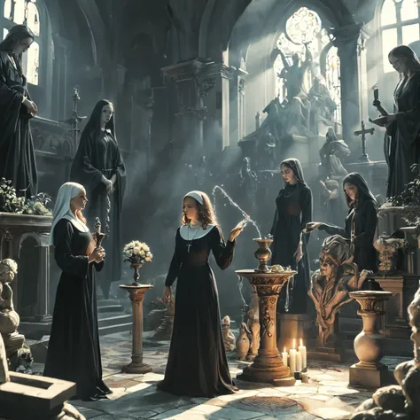 a pair of women in black robes standing next to a vase, mebius and aeon flux, strong line art, floating twin nuns, left and vlop, inspired by uno aquirax, occultist, ritual, blended style of eternal flow, eerie graveyard made of, aeon flux mixed style, pou...