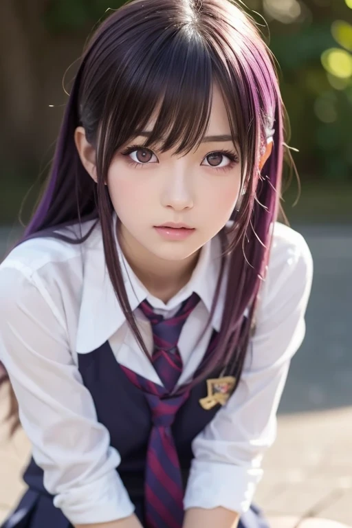 2D, masterpiece,  top quality, Anime,  very detailed,  One Girl , Alone, Yuri,  purple eyes,  purple hair,   hair between eyes ,  hair clip,  school uniform, Yandere face