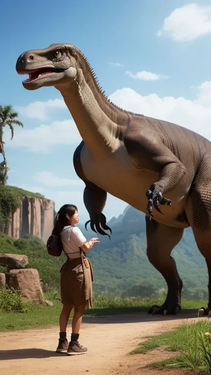 A beautiful woman interacting with a 、 small velociraptor in a dinosaur age world 。 Spectacular scenery with a giant Brachiosaurus walking in the background。"