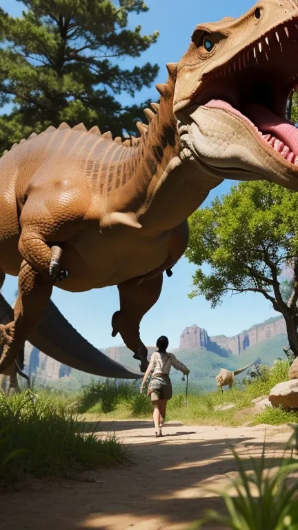 A beautiful woman interacting with a 、 small velociraptor in a dinosaur age world 。 Spectacular scenery with a giant Brachiosaurus walking in the background。"