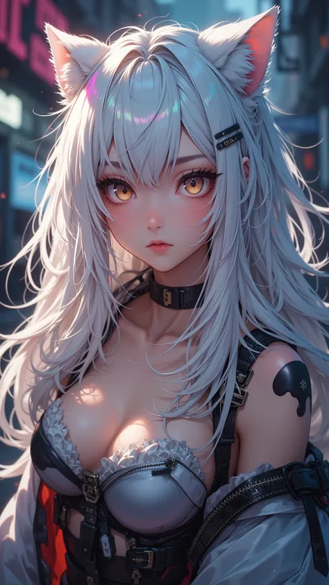  Incredible 8K image ，Has a depth of field effect， shows focus theme 。 Sexy pose with best quality ， Details， cat ear cap 。Long white hair with rainbow highlights，Perfect and realistic eyes 、Thick eyebrows。 with blunt cut 、 in dynamic angle 。