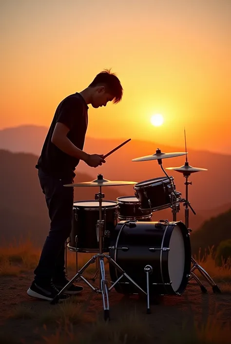 Hyperrealistic, raw image, photography, side-pose standing on hill with sunrise, asian 28years man height 172cm wearing blacktshirt jeans sneaker playing drum, drumset, Creative behavior, Imaginative, dynamic pose, light and shadow, 