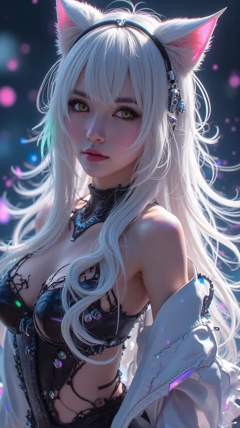  Incredible 8K image ，Has a depth of field effect， shows focus theme 。 Sexy pose with best quality ， Details， cat ear cap 。Long white hair with rainbow highlights，Perfect and realistic eyes 、Thick eyebrows。 with blunt cut 、 in dynamic angle 。